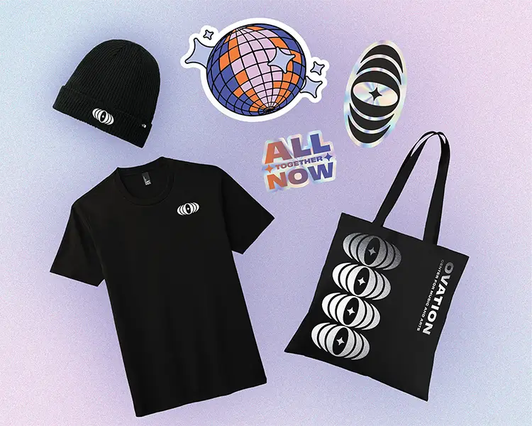 Stickers, t-shirt, tote bag, and beanie