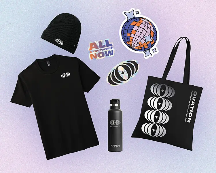 Stickers, t-shirt, tote bag, beanie, and water bottle