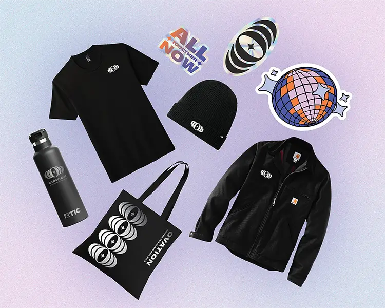 Stickers, t-shirt, tote bag, beanie, water bottle, and jacket