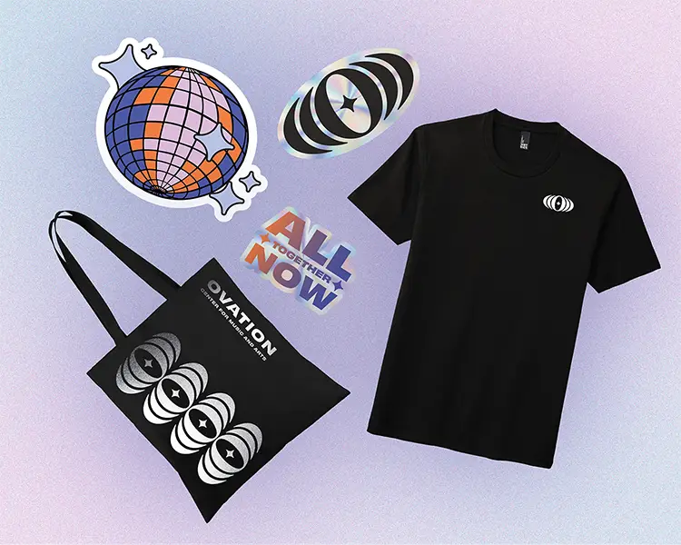 Stickers, t-shirt, and tote bag